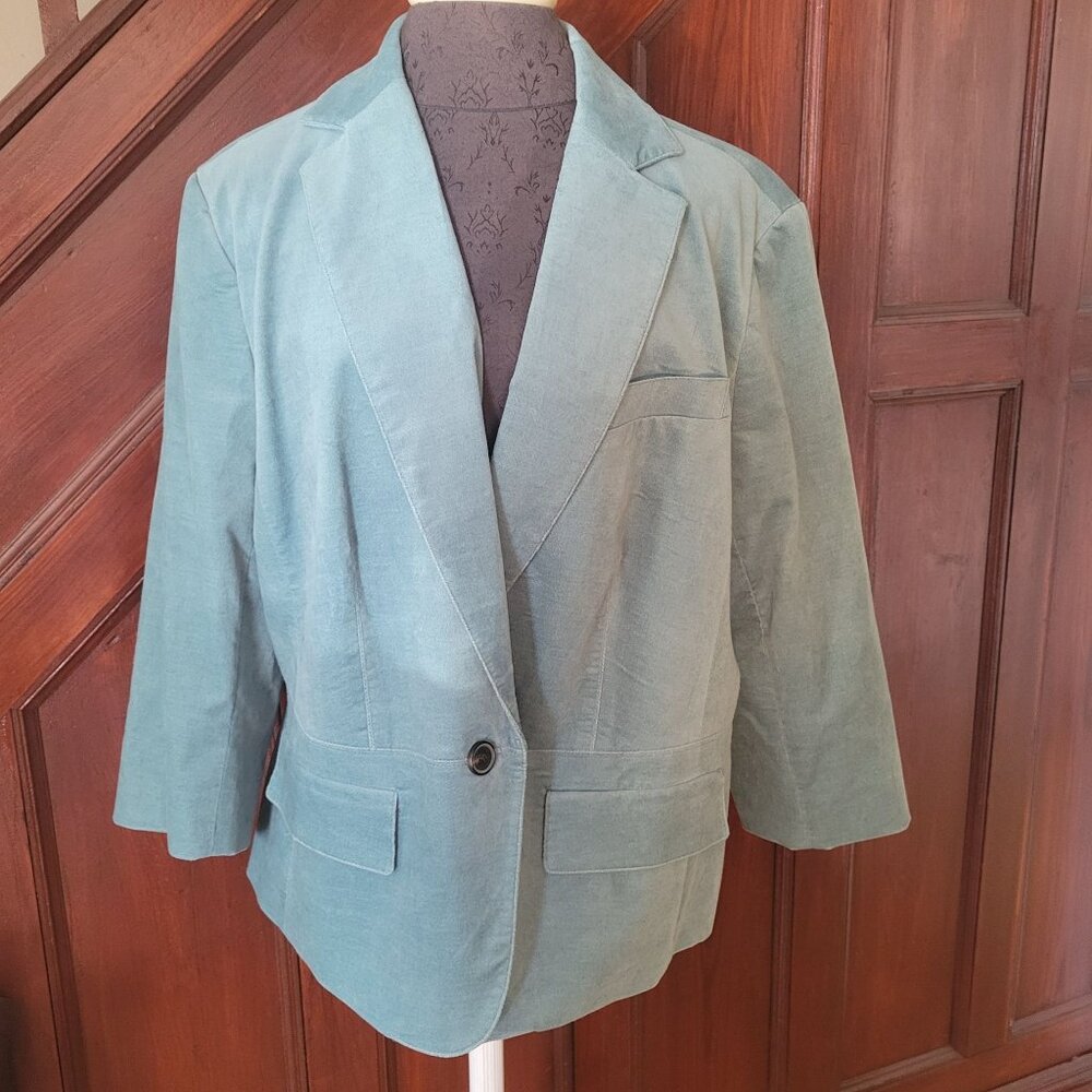 Talbots Womens Blazer 18W Classic One-Button 3/4 Sleeve Blue Cotton & Polyester
